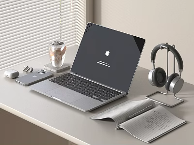 Modern Laptop Setup With Headphones Smartphone Charger Glass Of Drink And Open Notebook 3d model
