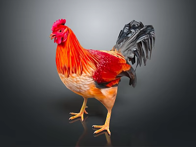Vibrant Rooster With Red Comb Orange Body And Black Tail Feathers On Dark Background 3d model