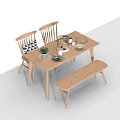 Simple Wooden Dining Table Set With Chairs Bench And Tableware Decorative Plants 3d model