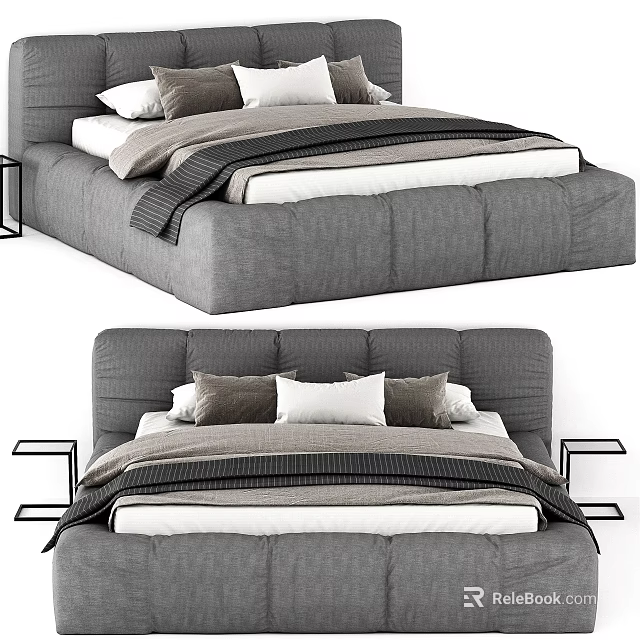 Modern Gray Double Bed With Soft Linens Plush Pillows And Side Nightstands 3d model