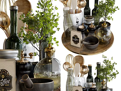 Stylish Kitchen Utensils With Glass Bottles Green Plants Mugs And Wooden Tray 3d model