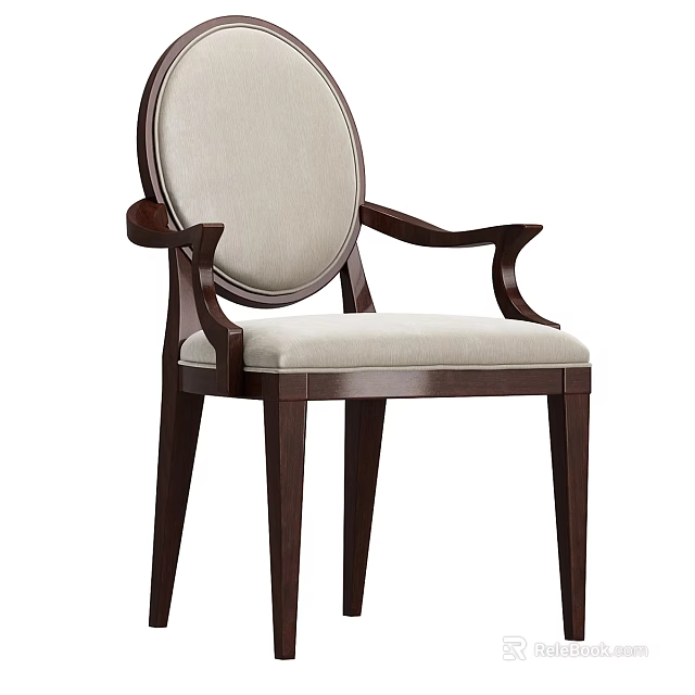 Elegant Beige Upholstered Dining Chair With Dark Wooden Frame And Armrests 3d model 