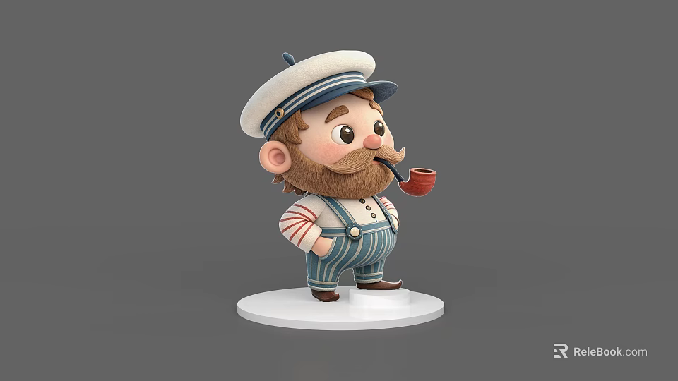Game Movie Character with White Captain Hat Bearded Mustache Holding Pipe Striped Shirt and Suspenders 3d model 