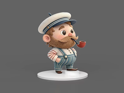 Game Movie Character with White Captain Hat Bearded Mustache Holding Pipe Striped Shirt and Suspenders 3d model