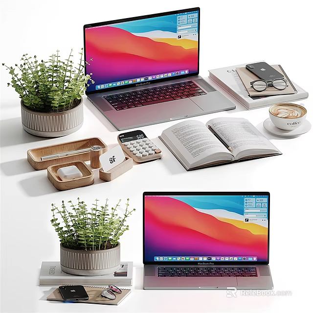 Modern Laptop Workspace With Potted Plant Open Book Coffee Cup And Calculator 3d model 