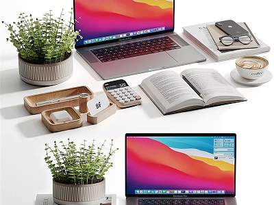 Modern Laptop Workspace With Potted Plant Open Book Coffee Cup And Calculator 3d model