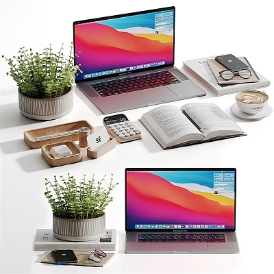 Modern Laptop Workspace With Potted Plant Open Book Coffee Cup And Calculator 3d model