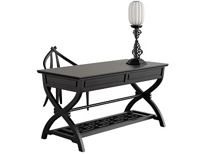 Modern Black Desk With Metal Frame Drawer Table Lamp And Lower Shelf 3d model