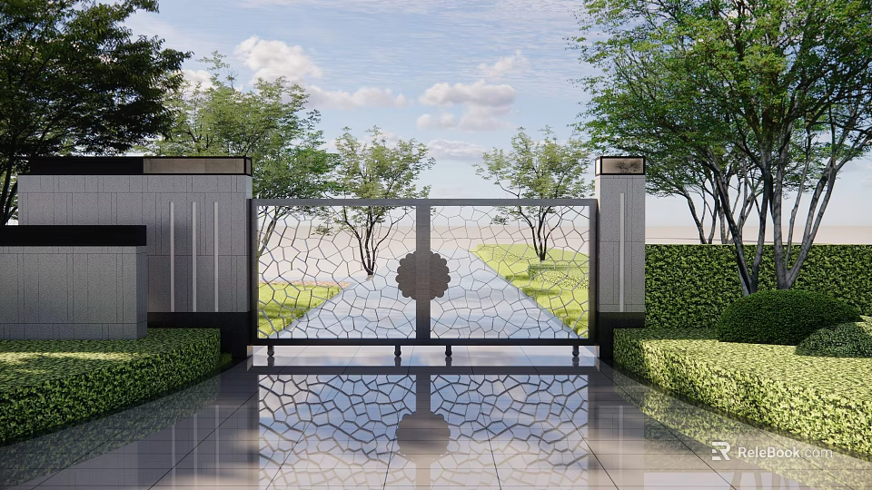 Elegant Building Facade Featuring Decorative Gate Greenery And Pathway 3d model