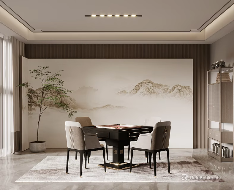 Elegant Hotel Mahjong Room Interior With Mahjong Table Comfortable Chairs And Landscape Painting 3d model 