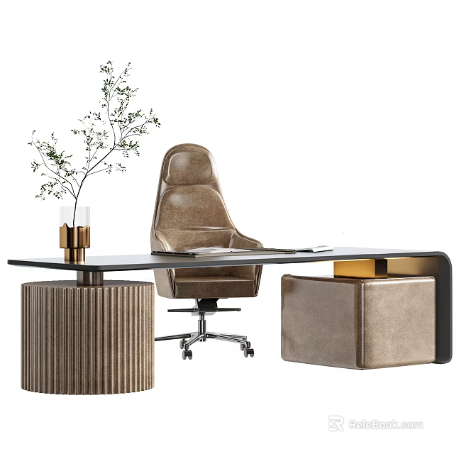 Modern Office Desk With Leather Chair Ribbed Side Table Green Plant And Beige Ottoman 3d model 