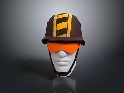 Brown Work Safety Helmet with Yellow and Black Stripes and Orange Goggles 3d model