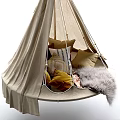 Cozy Beige Hanging Tent Interior With Soft Pillows And Fur Blanket