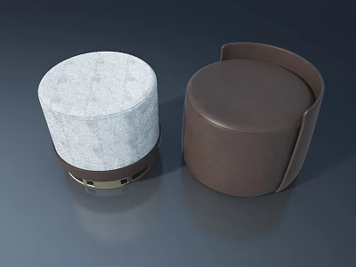 Two Circular Stools Featuring Light Gray Fabric And Dark Brown Leather With Curved Armrests 3d model