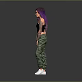 Woman With Purple Hair Black Tank Top Camouflage Pants Arm Tattoos And White Shoes Standing