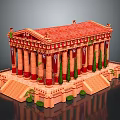 Ornate Classical Temple Model With Red Roof Columns Steps And Green Plants Decorations