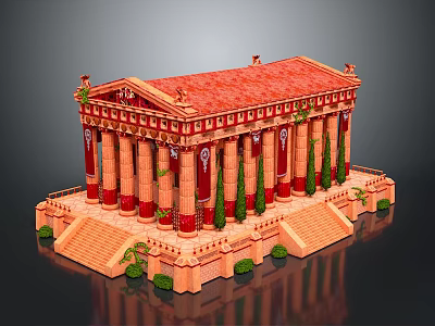 Ornate Classical Temple Model With Red Roof Columns Steps And Green Plants Decorations 3d model