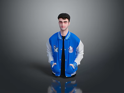 A Man In Blue Jacket With White Sleeves And Black T-Shirt Standing Against Gray Background 3d model