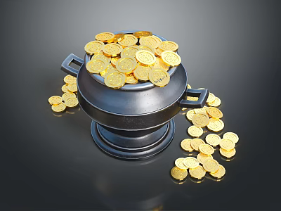 Black Container Filled With Gold Coins Spilling And Scattered Around 3d model