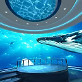 Underwater Aquarium Scene With Large Whale Blue Water And Circular Observation Deck