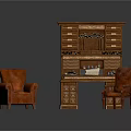 Brown Wooden Desk with Drawers and Cabinet and Two Leather Chairs in Classic Furniture Set