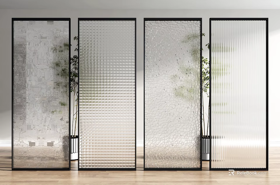 Modern Glass Room Dividers With Frosted Bubble And Ribbed Patterns In Contemporary Living Space 3d model 