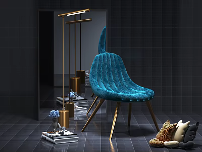 Blue Velvet Leisure Chair With Gold Metal Legs In Modern Interior Decor Setup 3d model
