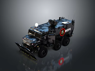 Armored Military Vehicle With Camouflage Paint BOPE Logo Roof Mounted Equipment And Large Wheels 3d model