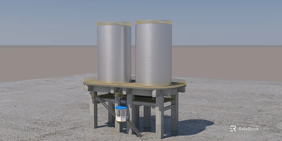 Large Silver Industrial Storage Tanks With Concrete Base Yellow Railings Blue Structure And Staircase 3d model 