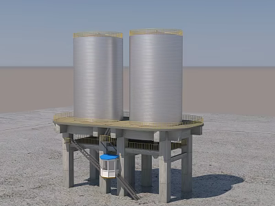 Large Silver Industrial Storage Tanks With Concrete Base Yellow Railings Blue Structure And Staircase 3d model