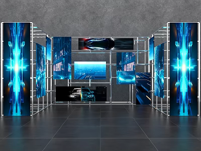 Modern Wayfinding Display System With Blue Illuminated Panels And Car Images On Screens 3d model