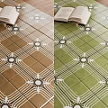 Brown and Green Patterned Floor Tiles with Open Book Decorative Design and Classic Layout
