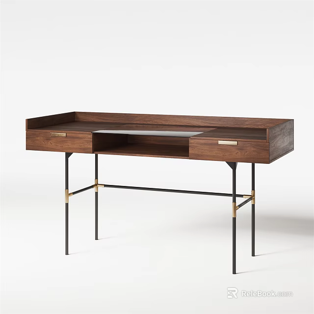 Elegant Modern Wooden Dressing Table With Two Drawers Black Metal Legs And Gold Accents 3d model 