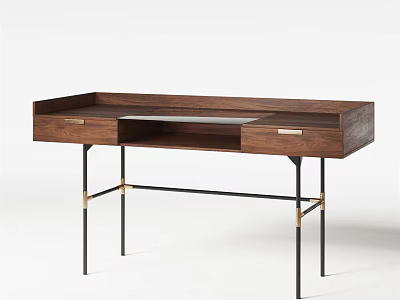 Elegant Modern Wooden Dressing Table With Two Drawers Black Metal Legs And Gold Accents 3d model