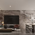 Modern Basement Interior Design With Stone Wall Dining Table Staircase And Pendant Lighting