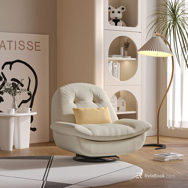 Beige Single Sofa with Yellow Pillow Floor Lamp and Bookshelf in Modern Living Room 3d model 