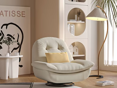 Beige Single Sofa with Yellow Pillow Floor Lamp and Bookshelf in Modern Living Room 3d model