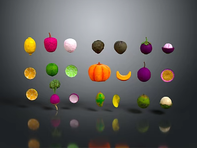 Colorful Various Fresh Sliced Fruits Display On Black Background With Lemon Orange Pumpkin And Avocado 3d model