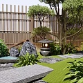 Serene Karesansui Garden With Thatched Pavilion Hanging Lanterns Zen Wall And Stone Pathway