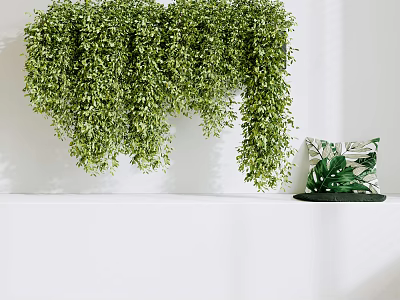 Hanging Green Vines On White Wall With Tabletop Leaf Pattern Cushion And Small Potted Plant 3d model