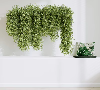 Hanging Green Vines On White Wall With Tabletop Leaf Pattern Cushion And Small Potted Plant 3d model
