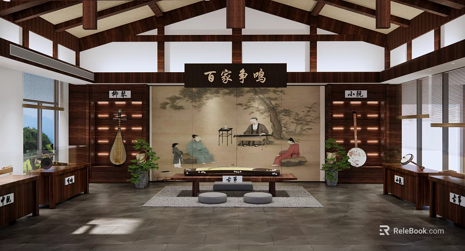 Traditional Chinese Cultural Center With Wooden Roof Mural Figures Tea Table And Musical Instruments 3d model 