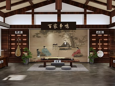 Traditional Chinese Cultural Center With Wooden Roof Mural Figures Tea Table And Musical Instruments 3d model
