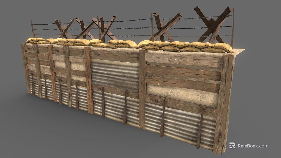 Industrial Protective Barrier Structure With Wooden Fence Sandbags Barbed Wire And Crossed Wooden Frames 3d model 