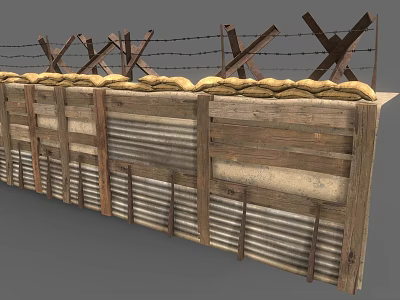 Industrial Protective Barrier Structure With Wooden Fence Sandbags Barbed Wire And Crossed Wooden Frames 3d model