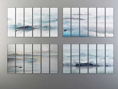 Modern Multi Panel Landscape Paintings With Mountain Water Boats And Birds 3d model