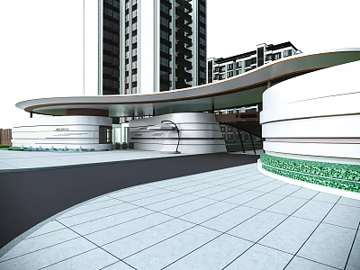 Modern Entrance Gate With Curved Awning Fronting High Rise Buildings On Tiled Plaza 3d model