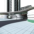 Modern Entrance Gate With Curved Awning Fronting High Rise Buildings On Tiled Plaza