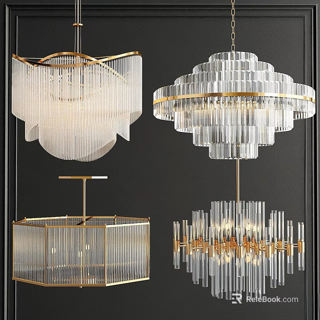 Elegant Modern Crystal Chandeliers With Gold Frames And Different Hanging Designs 3d model 