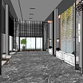 Elegant Modern Hotel Lobby Interior With Marble Floor Decorative Walls Pendant Lights And Rest Benches